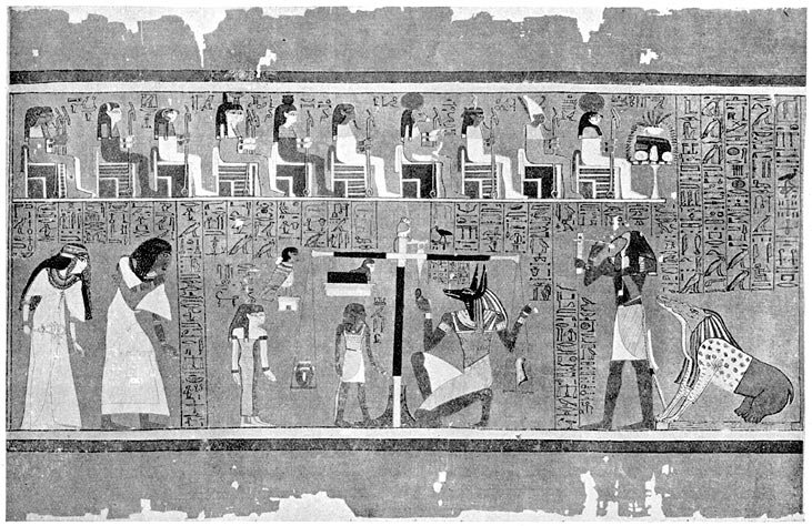 The weighing of the heart of the Scribe Ani in the Great Scales in the Hall of Osiris.